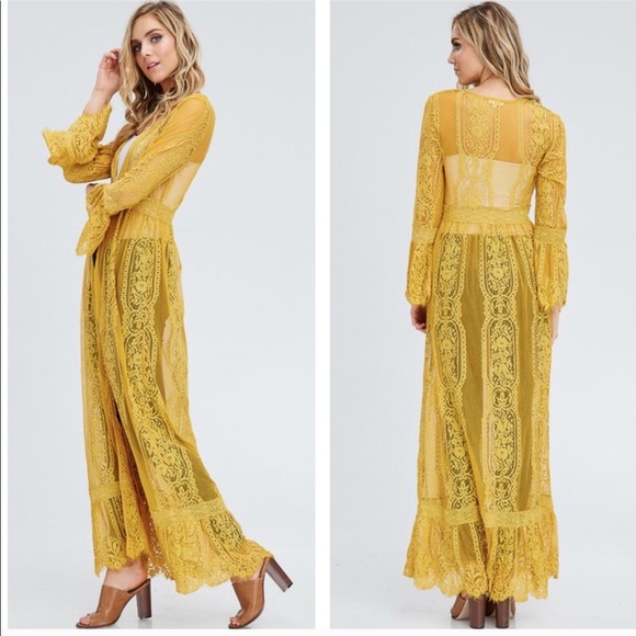 Mustard Long Lace Duster Cardigan, Kimono - Picture 2 of 5